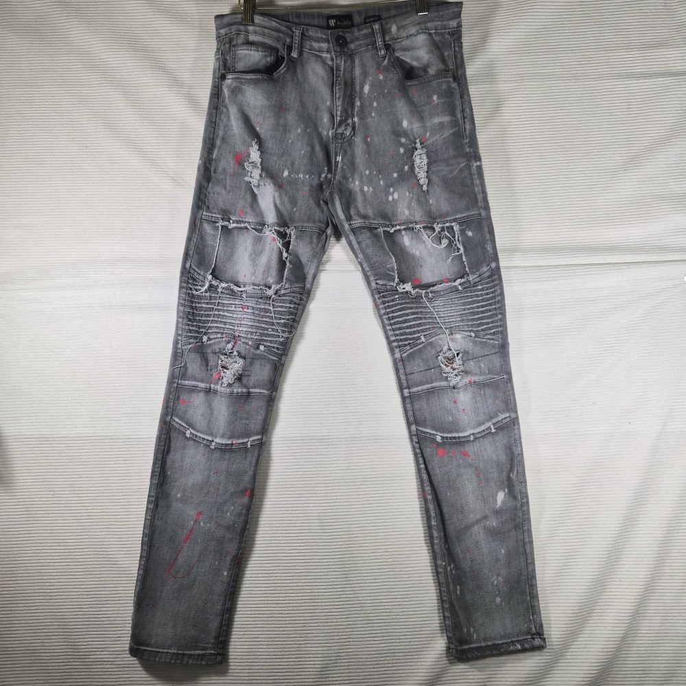 Waimea Men's Skinny Biker Jeans Gray Distressed Paint Splatter‎ Stretch 34x32